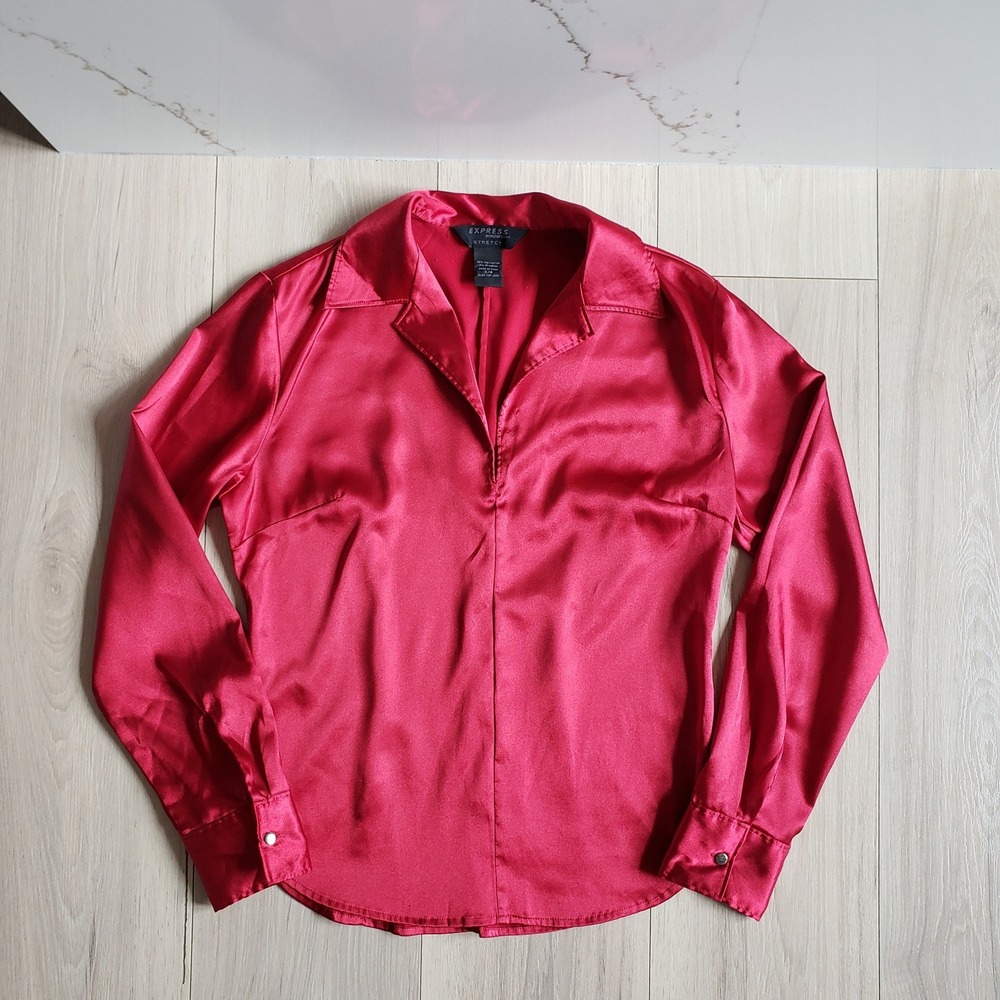 Express Blouse Womens 3/4 Red Satin Stretch Long Sleeve Button Up Top